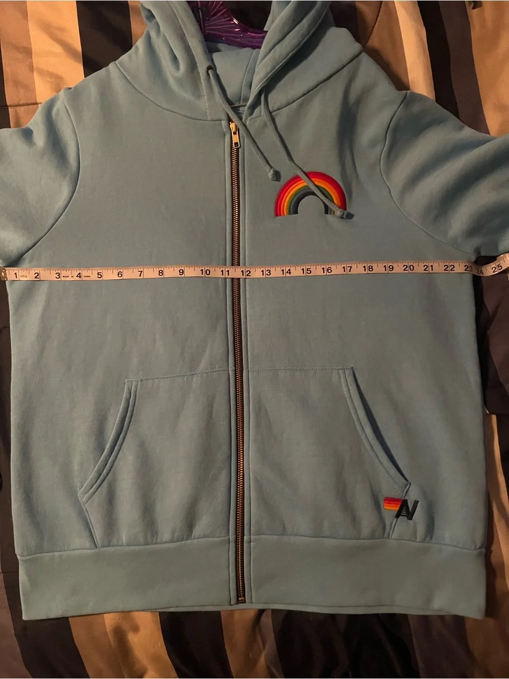 ๐ NWT Aviator Nation Rainbow Embroidery Zip Hoodie in Sky Blue - Sz Large - Picture 10 of 11